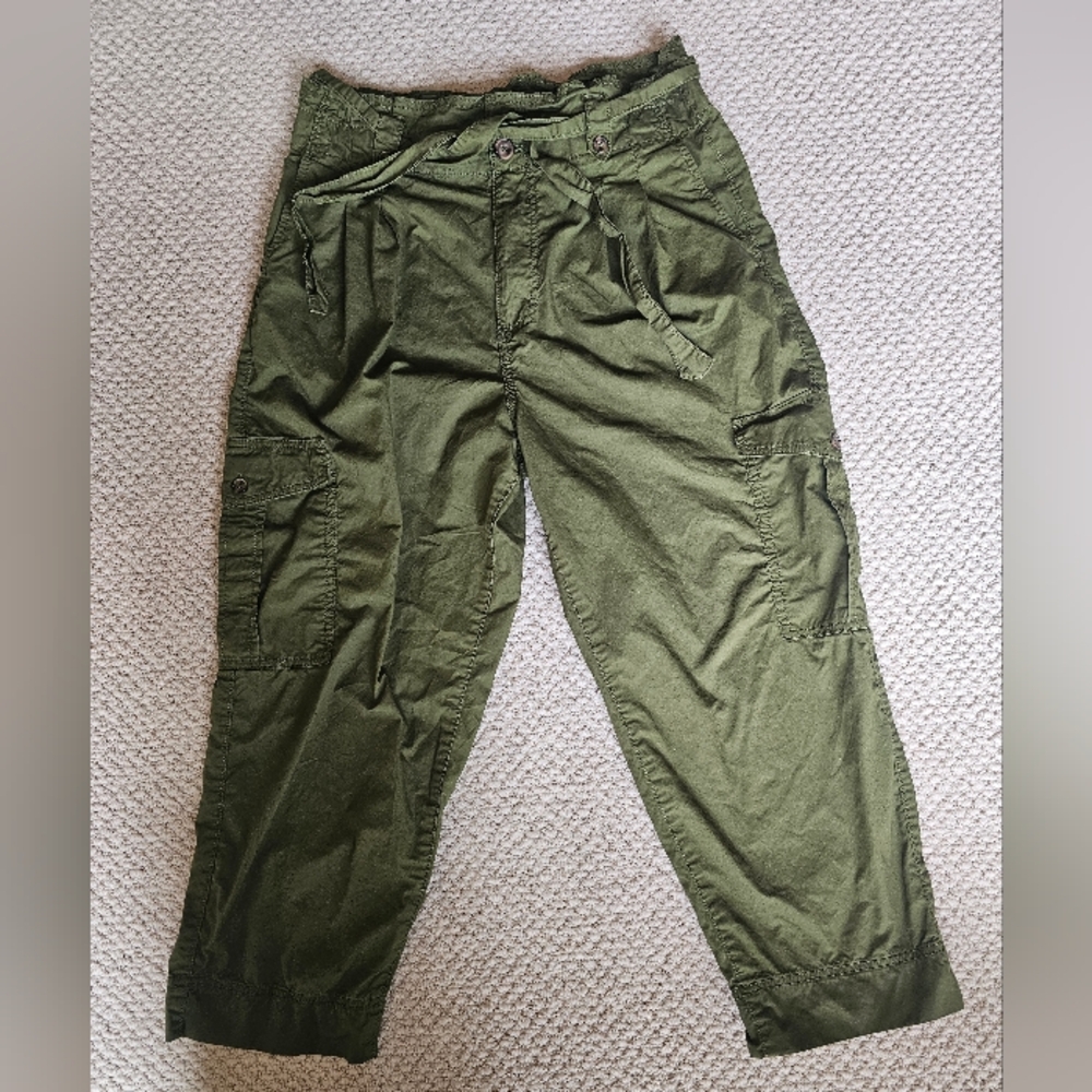 Joe Fresh Super High Rise Crop Ankle Cargo Pants Pleated Paperbag Waist Green 14